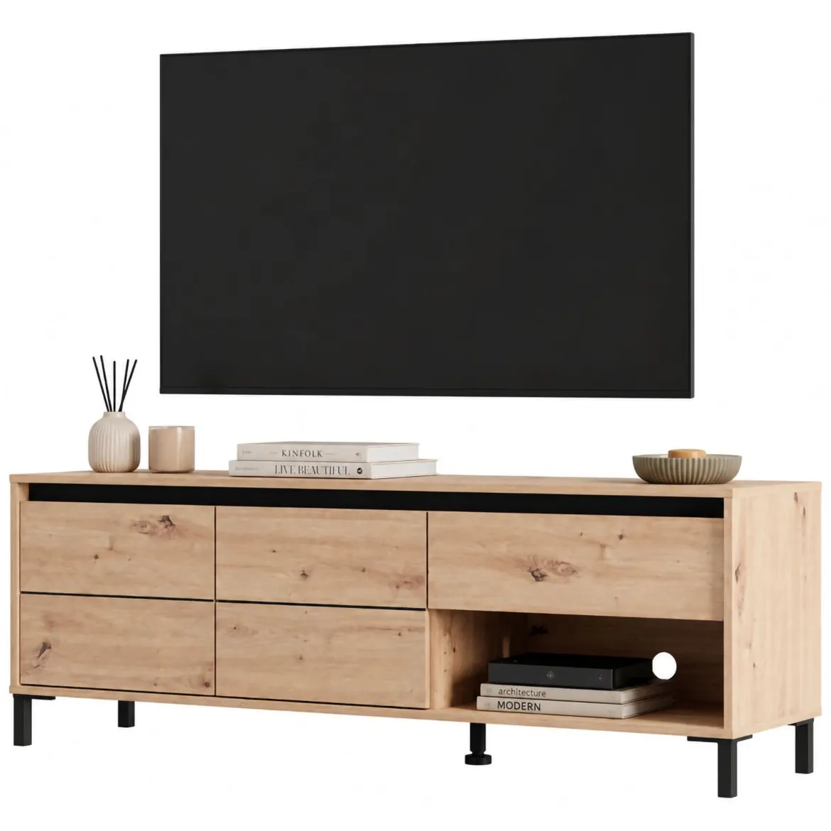 Mobile Porta tv Marrone Rovere Nodi Nero un Cassetto un Ripiano 151x40x52h cm, 2 Ante - Corciano