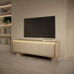 Mobile Porta tv Marrone Rovere un Ripiano 4 Ante 200x38x47h cm, Angoli Arrotondati - Kaleriha