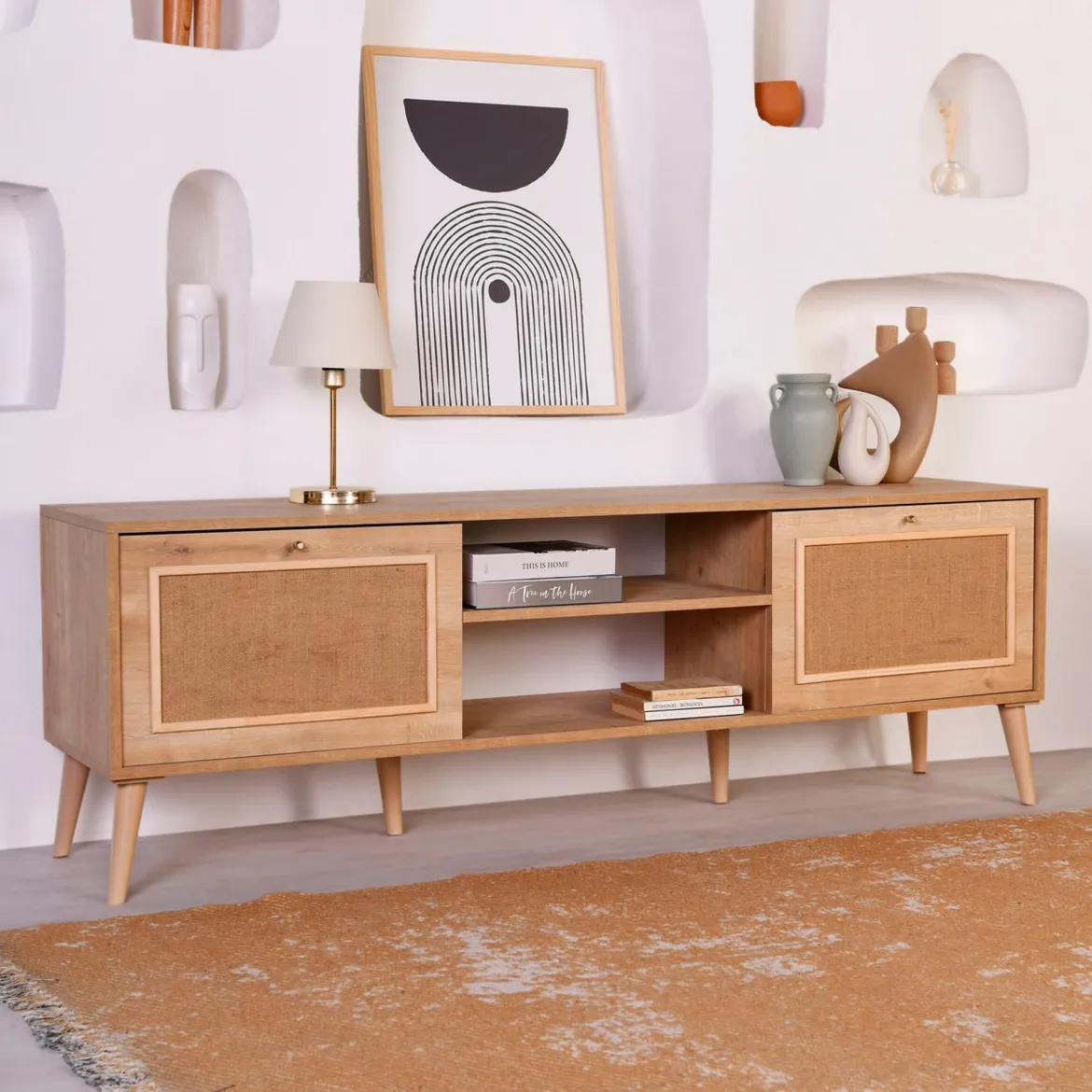 Mobile Porta tv Marrone Rovere un Ripiano Apertura a Ribalta 180x41x55h cm, 2 Ante - Leffe