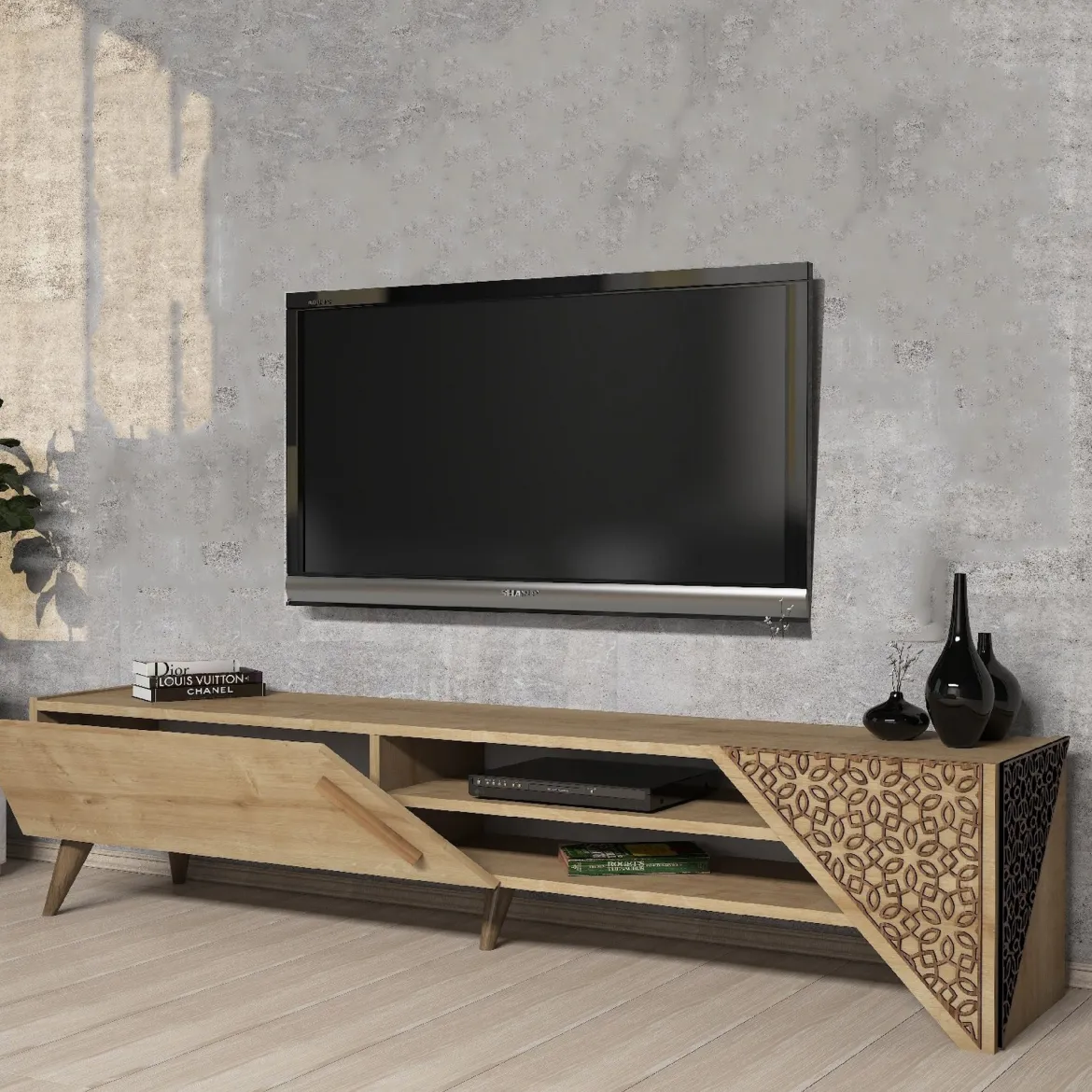 Mobile Porta tv Marrone Rovere un Ripiano Un'anta 180x40x37h cm, 3 Vani - Campli