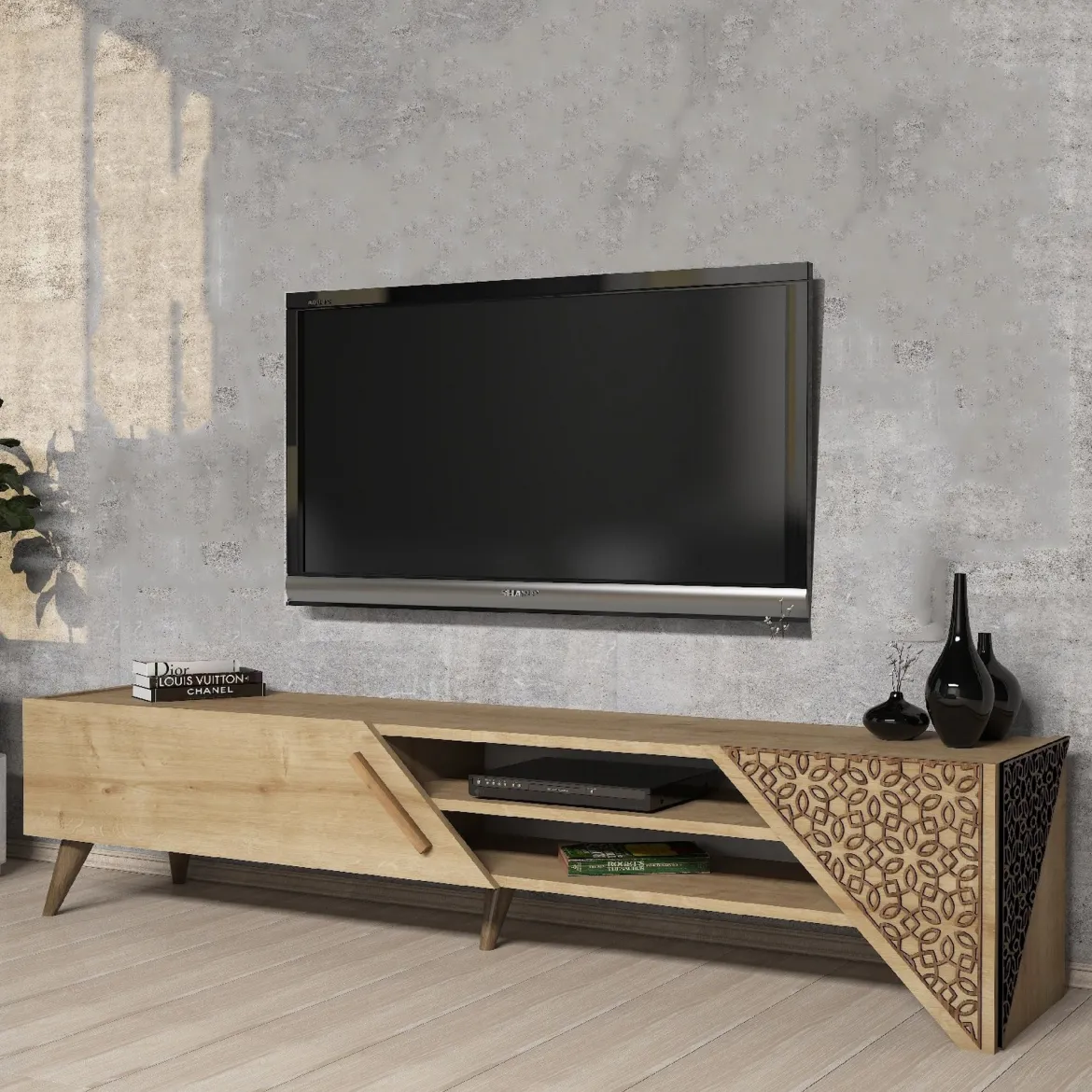 Mobile Porta tv Marrone Rovere un Ripiano Un'anta 180x40x37h cm, 3 Vani - Campli