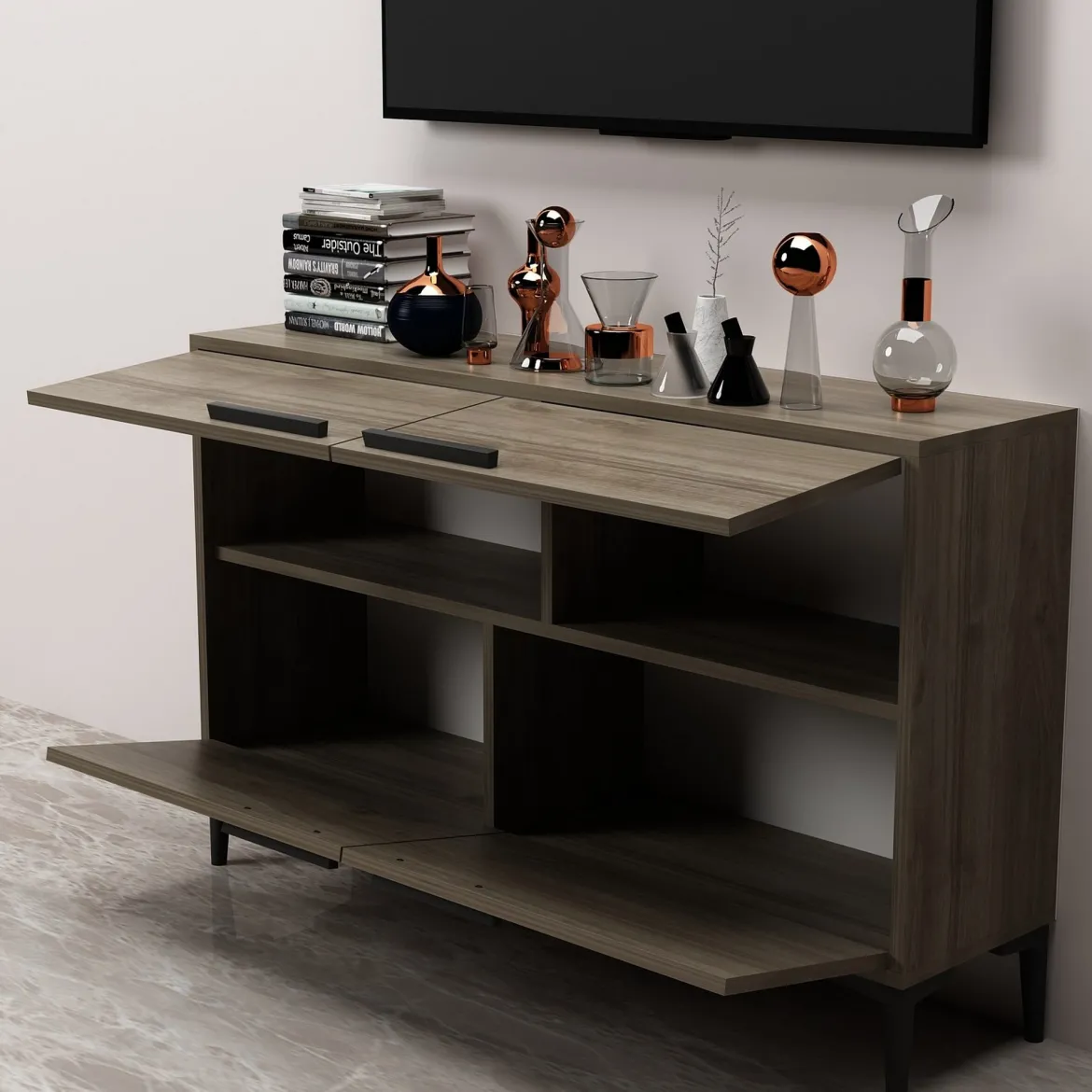 Mobile Porta tv Marrone Scuro 2 Ripiani 4 Ante 120x30x75h cm, 4 Vani - Luzzi