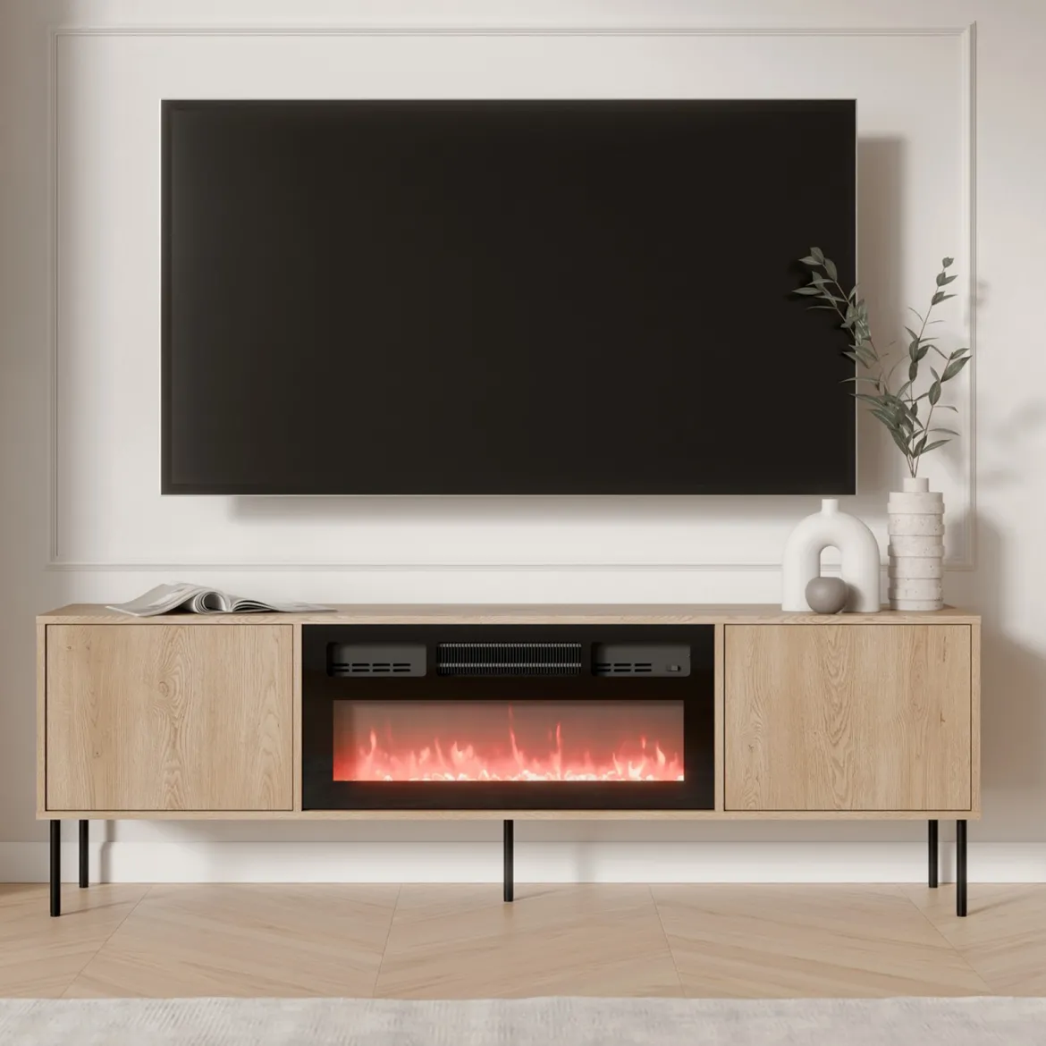 Mobile Porta tv Marrone un Ripiano 2 Ante 180x40x60h cm, Caminetto Incluso - Silvi