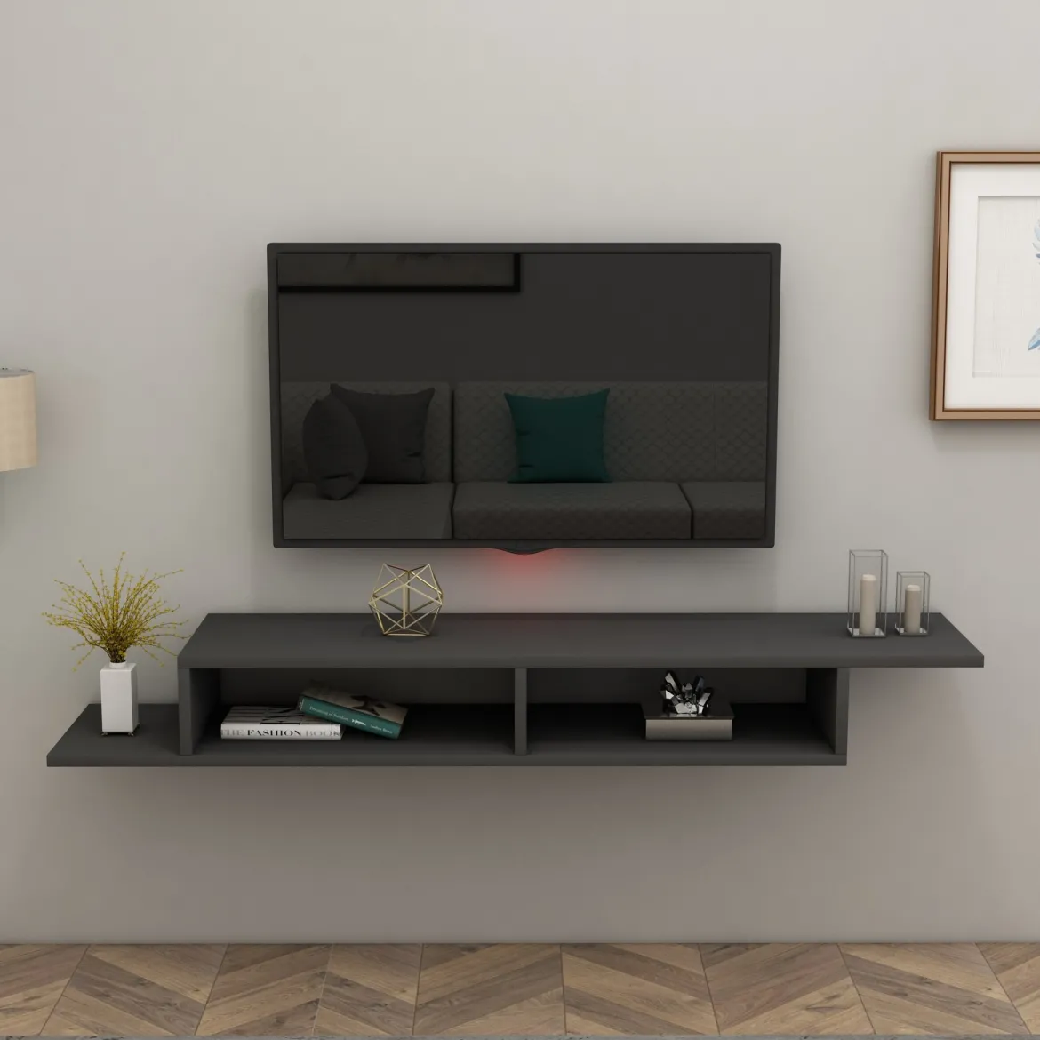 Mobile Porta tv Nero Antracite 2 Vani Peso Supportato 40 kg 120x30x18h cm, Installazione Sospeso - Ivrea