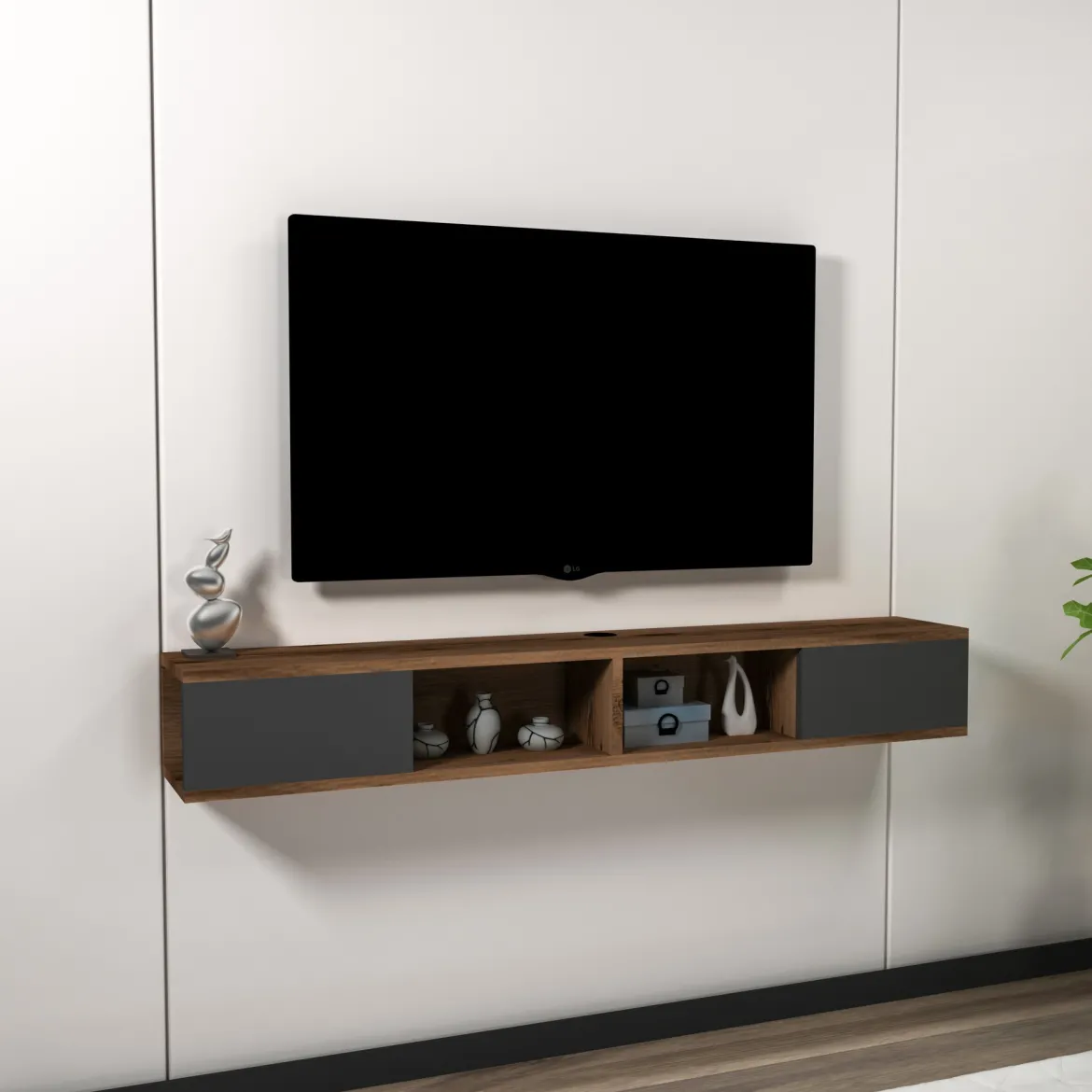 Mobile Porta tv Nero Antracite Marrone Noce Un'anta Apertura a Ribalta 120x25x37h cm, 2 Vani - Taurasi