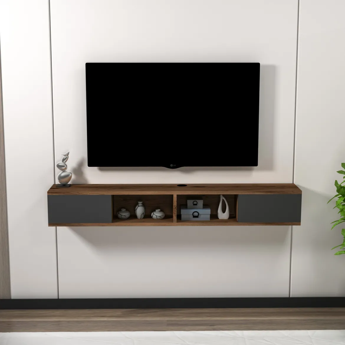 Mobile Porta tv Nero Antracite Marrone Noce Un'anta Apertura a Ribalta 120x25x37h cm, 2 Vani - Taurasi