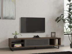 Mobile Porta tv Nero Antracite Marrone Rovere 2 Ante Apertura a Ribalta 160x25x35h cm, 2 Vani - Tresana
