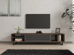 Mobile Porta tv Nero Antracite Marrone Rovere 2 Ante Apertura a Ribalta 160x25x35h cm, 2 Vani - Tresana
