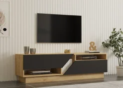 Mobile Porta tv Nero Antracite Marrone Rovere 3 Ante Apertura a Ribalta 150x35x44h cm, 3 Vani - Fiorano