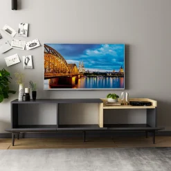 Mobile Porta tv Nero Antracite Marrone Rovere 3 Ante Apertura a Ribalta 180x35x42h cm, 3 Vani - Cortaccia