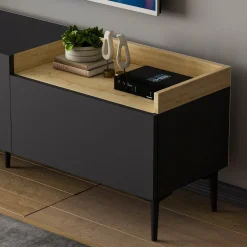 Mobile Porta tv Nero Antracite Marrone Rovere 3 Ante Apertura a Ribalta 180x35x42h cm, 3 Vani - Cortaccia