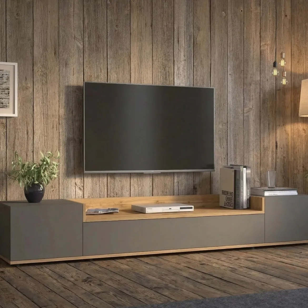 Mobile Porta tv Nero Antracite Marrone Rovere Modulabile un Ripiano 200x30x31h cm, 2 Ante - Sindia