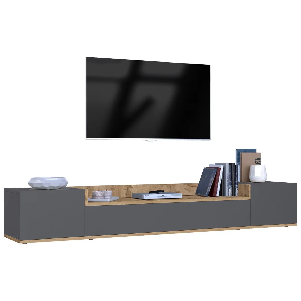 Mobile Porta tv Nero Antracite Marrone Rovere Modulabile un Ripiano 200x30x31h cm, 2 Ante - Sindia