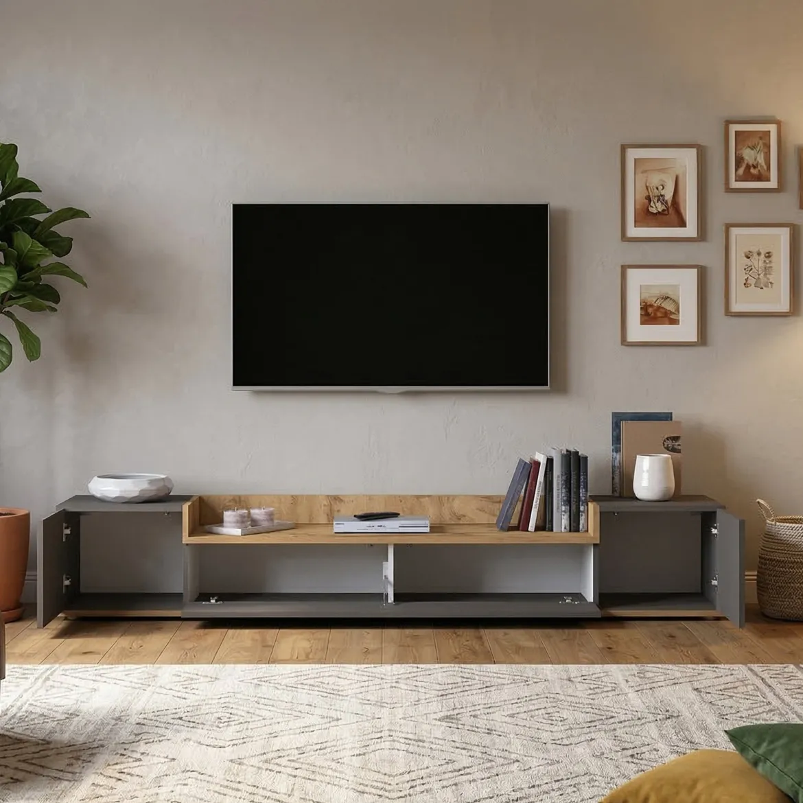 Mobile Porta tv Nero Antracite Marrone Rovere Modulabile un Ripiano 200x30x31h cm, 2 Ante - Sindia