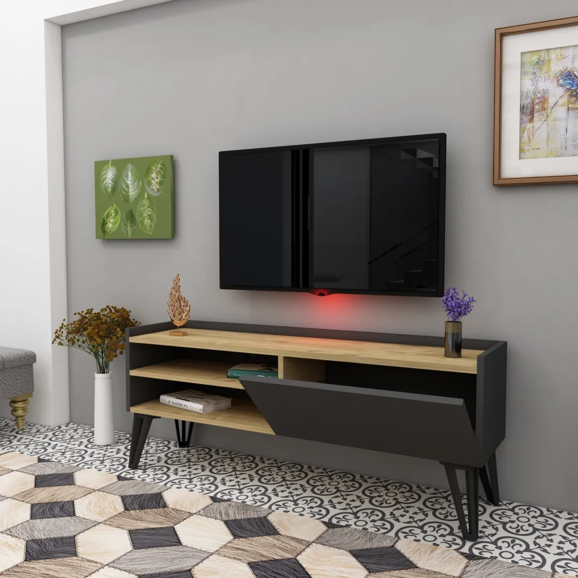 Mobile Porta tv Nero Antracite Marrone Rovere un Ripiano Un'anta 120x39x50h cm, 3 Vani - Molinara