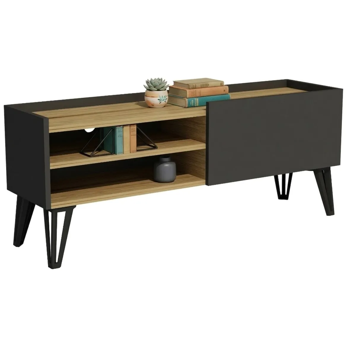 Mobile Porta tv Nero Antracite Marrone Rovere un Ripiano Un'anta 120x39x50h cm, 3 Vani - Molinara