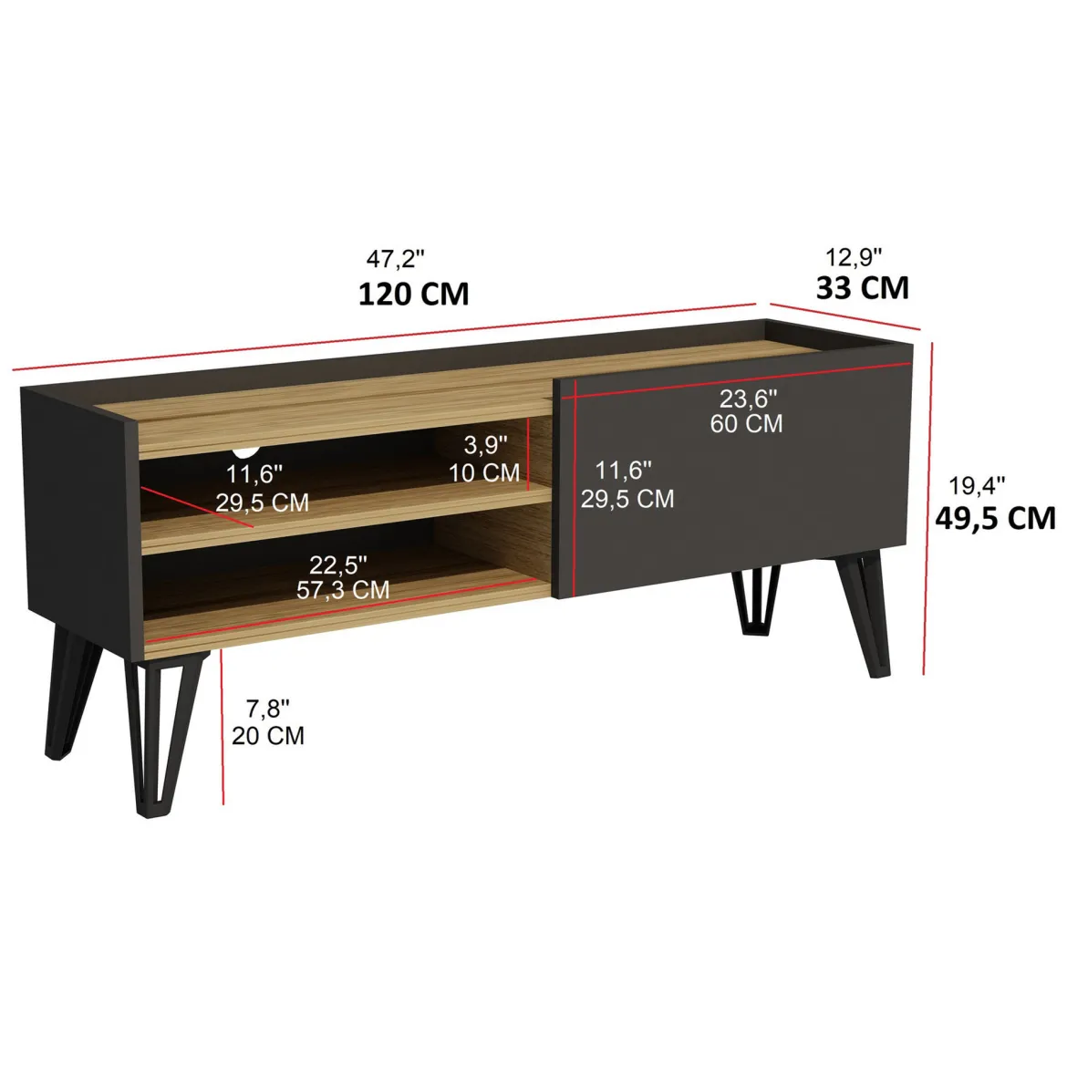 Mobile Porta tv Nero Antracite Marrone Rovere un Ripiano Un'anta 120x39x50h cm, 3 Vani - Molinara