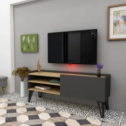 Mobile Porta tv Nero Antracite Marrone Rovere un Ripiano Un'anta 120x39x50h cm, 3 Vani - Molinara