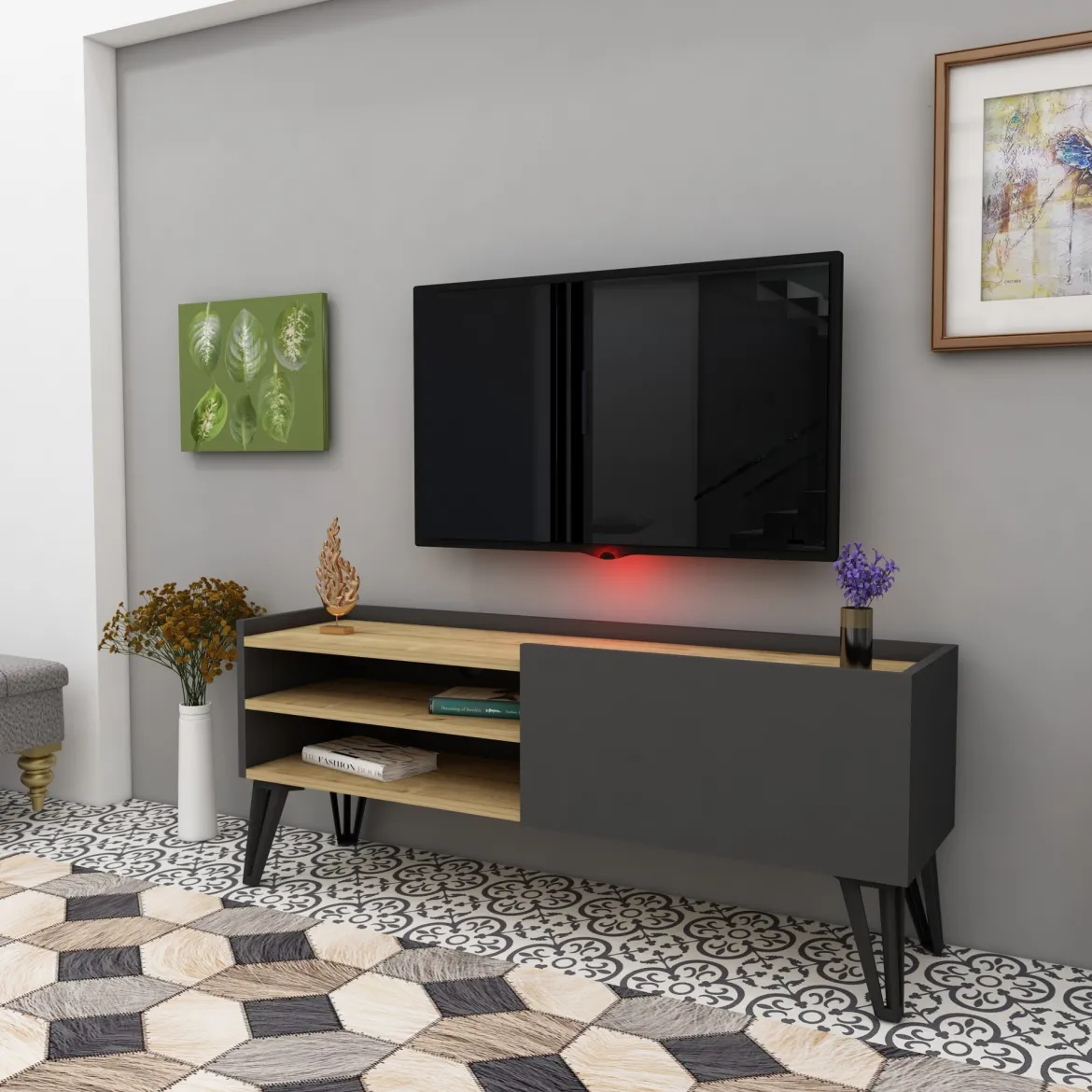 Mobile Porta tv Nero Antracite Marrone Rovere un Ripiano Un'anta 120x39x50h cm, 3 Vani - Molinara
