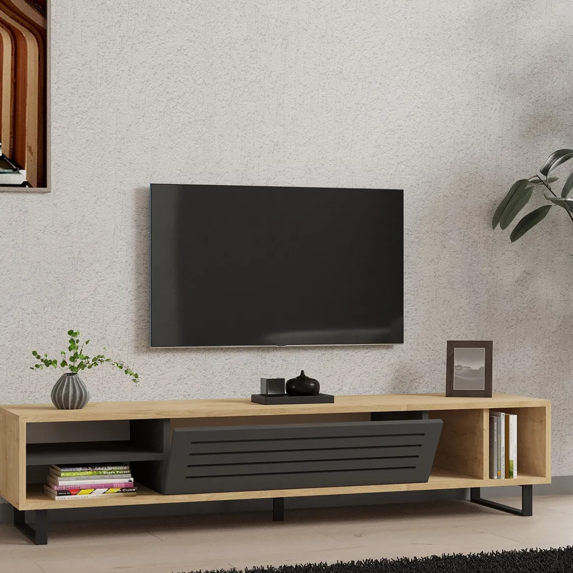 Mobile Porta tv Nero Antracite Modulabile un Ripiano 200x30x31h cm, 2 Ante - Sindia