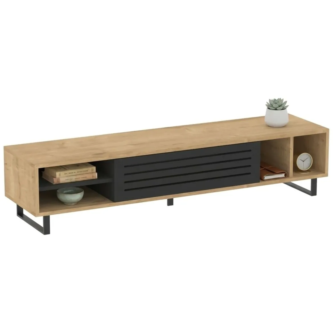 Mobile Porta tv Nero Antracite Modulabile un Ripiano 200x30x31h cm, 2 Ante - Sindia