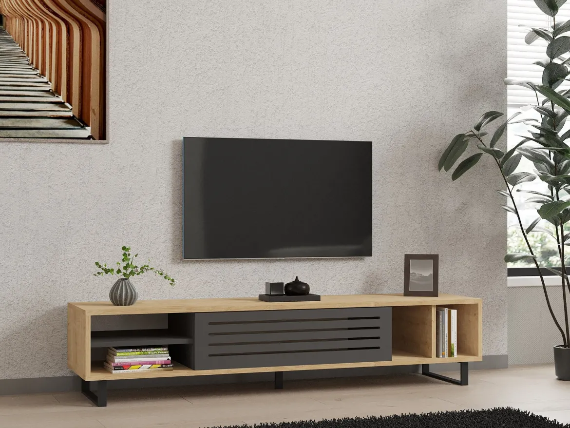 Mobile Porta tv Nero Antracite Modulabile un Ripiano 200x30x31h cm, 2 Ante - Sindia