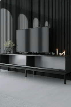 Mobile Porta tv Nero Antracite Nero Cassetti un Ripiano 180x30x50h cm, 2 Ante - Abishia