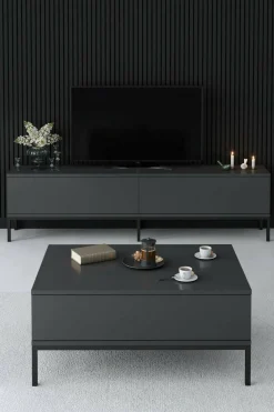 Mobile Porta tv Nero Antracite Nero Cassetti un Ripiano 180x30x50h cm, 2 Ante - Abishia