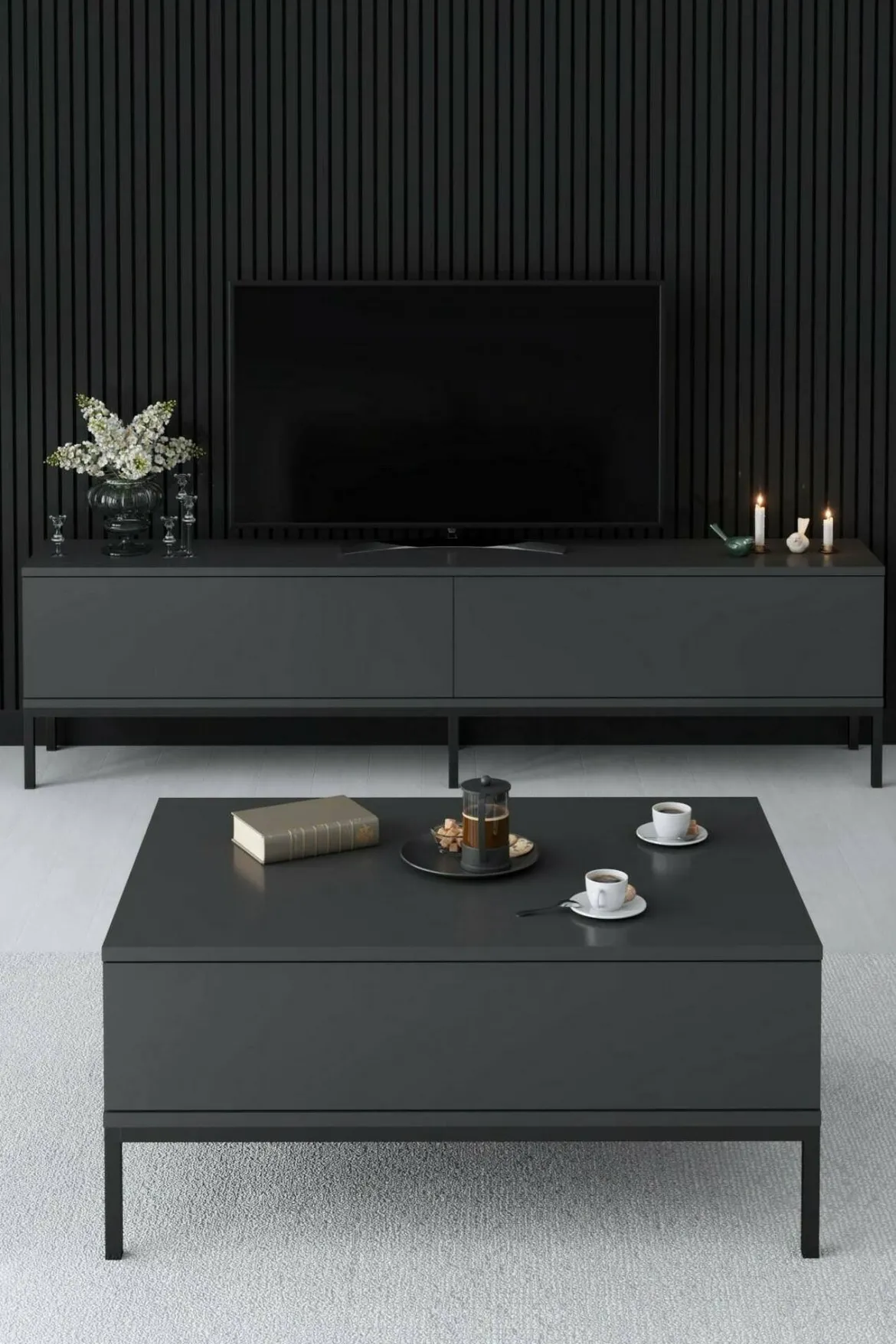 Mobile Porta tv Nero Antracite Nero Cassetti un Ripiano 180x30x50h cm, 2 Ante - Abishia