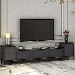 Mobile Porta tv Nero Antracite Nero Marmo 2 Ripiani 7 Vani 180x35x45h cm, 5 Ante - Cortin