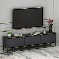 Mobile Porta tv Nero Antracite oro 3 Ante Ripiano Effetto Marmo 180x35x45h cm, 3 Vani - Vicchio