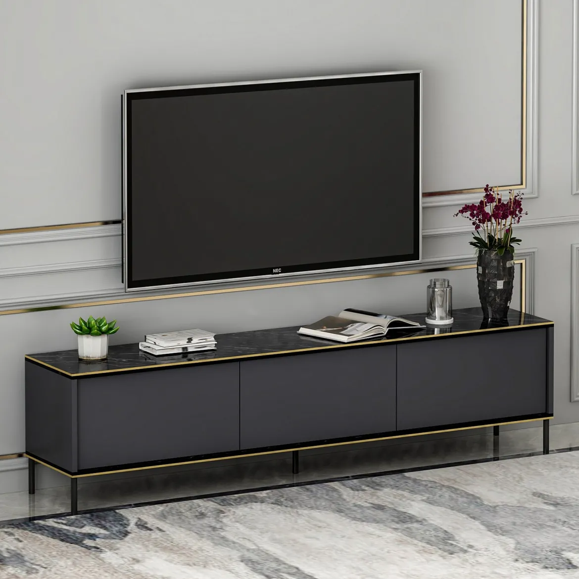 Mobile Porta tv Nero Antracite oro 3 Ante Ripiano Effetto Marmo 180x35x45h cm, 3 Vani - Vicchio