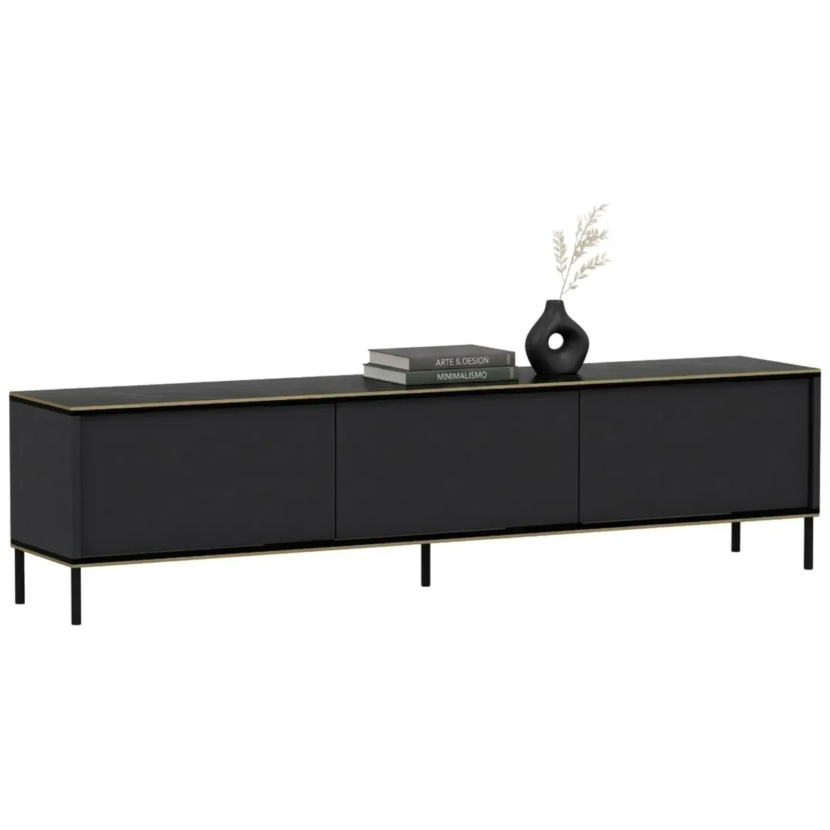 Mobile Porta tv Nero Antracite oro 3 Ante Ripiano Effetto Marmo 180x35x45h cm, 3 Vani - Vicchio