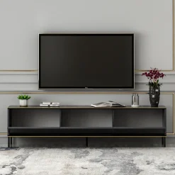 Mobile Porta tv Nero Antracite oro 3 Ante Ripiano Effetto Marmo 180x35x45h cm, 3 Vani - Vicchio