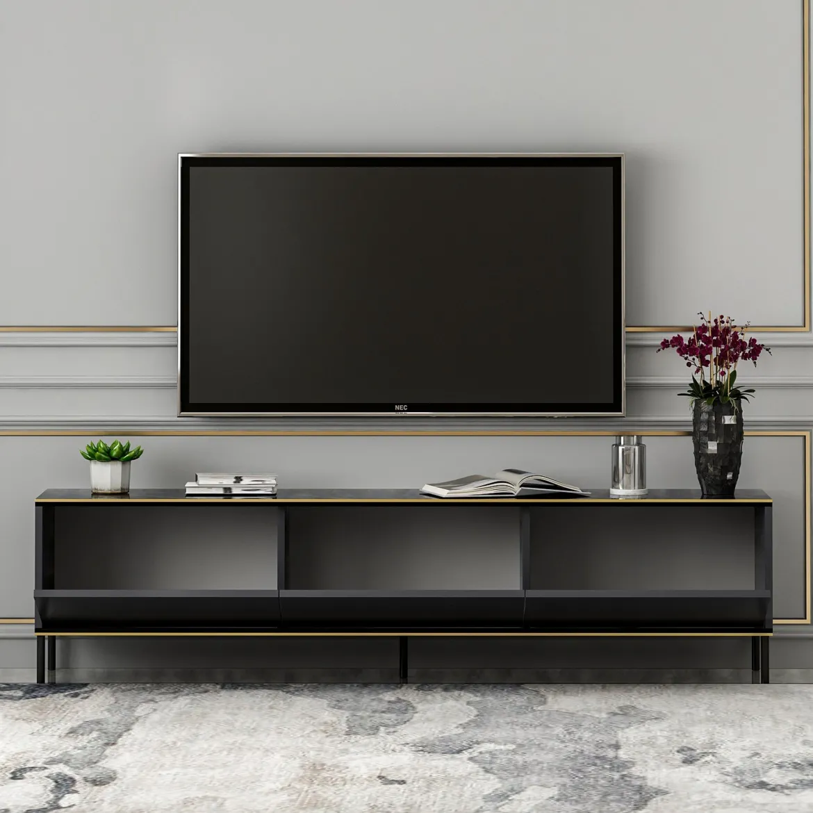 Mobile Porta tv Nero Antracite oro 3 Ante Ripiano Effetto Marmo 180x35x45h cm, 3 Vani - Vicchio