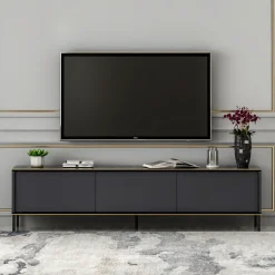 Mobile Porta tv Nero Antracite oro 3 Ante Ripiano Effetto Marmo 180x35x45h cm, 3 Vani - Vicchio