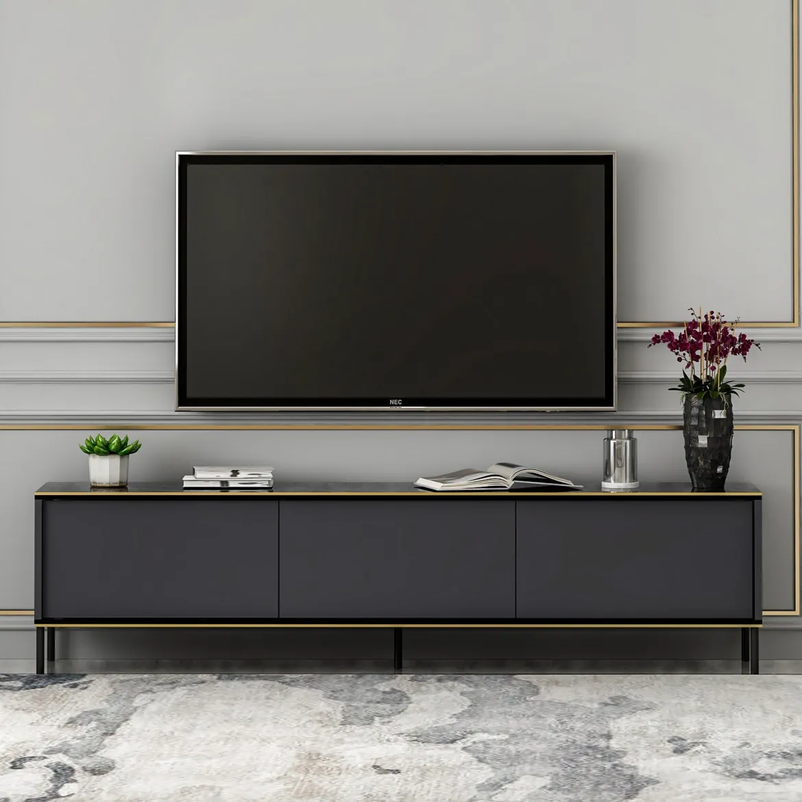 Mobile Porta tv Nero Antracite oro 3 Ante Ripiano Effetto Marmo 180x35x45h cm, 3 Vani - Vicchio