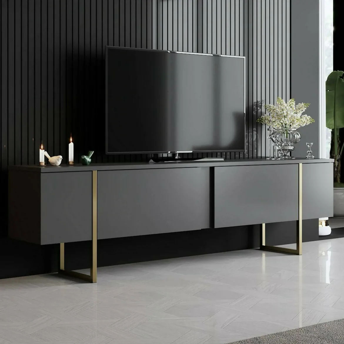 Mobile Porta tv Nero Antracite oro Cassetti un Ripiano 180x30x50h cm, 2 Ante - Abishia