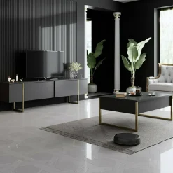 Mobile Porta tv Nero Antracite oro Cassetti un Ripiano 180x30x50h cm, 2 Ante - Abishia