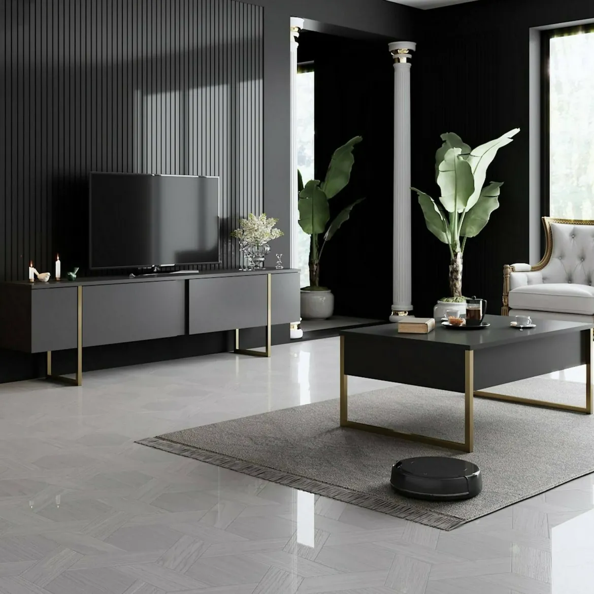 Mobile Porta tv Nero Antracite oro Cassetti un Ripiano 180x30x50h cm, 2 Ante - Abishia
