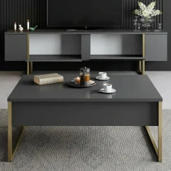 Mobile Porta tv Nero Antracite oro Cassetti un Ripiano 180x30x50h cm, 2 Ante - Abishia