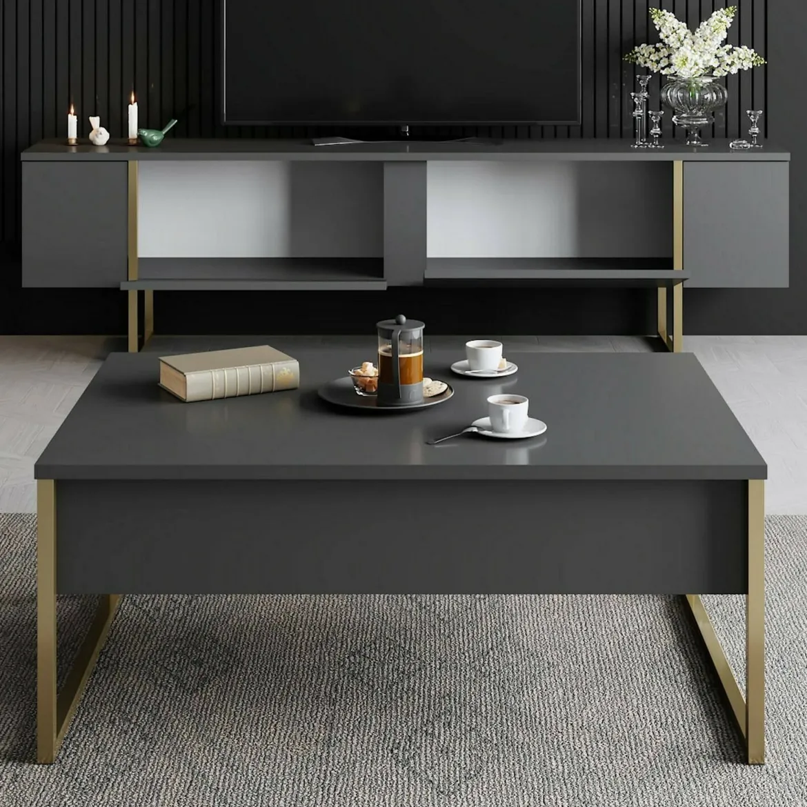 Mobile Porta tv Nero Antracite oro Cassetti un Ripiano 180x30x50h cm, 2 Ante - Abishia