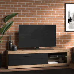 Mobile Porta tv Nero Marrone Rovere Nodi 2 Ripiani Un'anta 162x41.5x43.5h cm, Ripiano in Vetro - Pompu