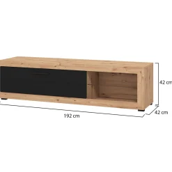 Mobile Porta tv Nero Marrone Rovere Nodi 2 Ripiani Un'anta 162x41.5x43.5h cm, Ripiano in Vetro - Pompu