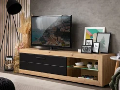 Mobile Porta tv Nero Marrone Rovere Nodi 2 Ripiani Un'anta 162x41.5x43.5h cm, Ripiano in Vetro - Pompu