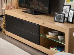 Mobile Porta tv Nero Marrone Rovere Nodi 2 Ripiani Un'anta 162x41.5x43.5h cm, Ripiano in Vetro - Pompu