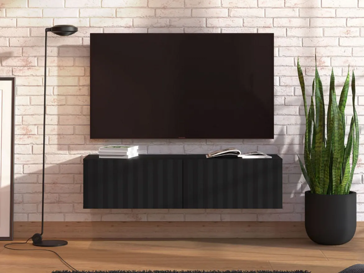 Mobile Porta tv Nero Nero Antracite un Ripiano 2 Ante 154x42x32h cm, 2 Vani - Maderno
