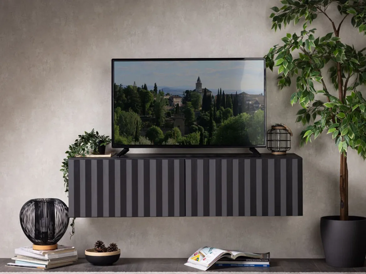 Mobile Porta tv Nero Nero Antracite un Ripiano 2 Ante 154x42x32h cm, 2 Vani - Maderno