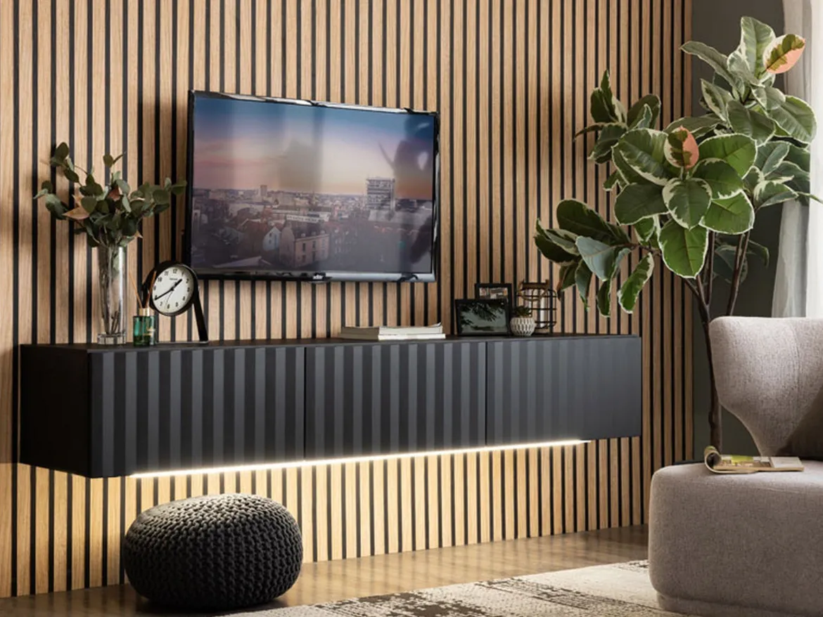Mobile Porta tv Nero Nero Antracite un Ripiano 3 Ante 192x42x32h cm, 3 Vani - Fossa