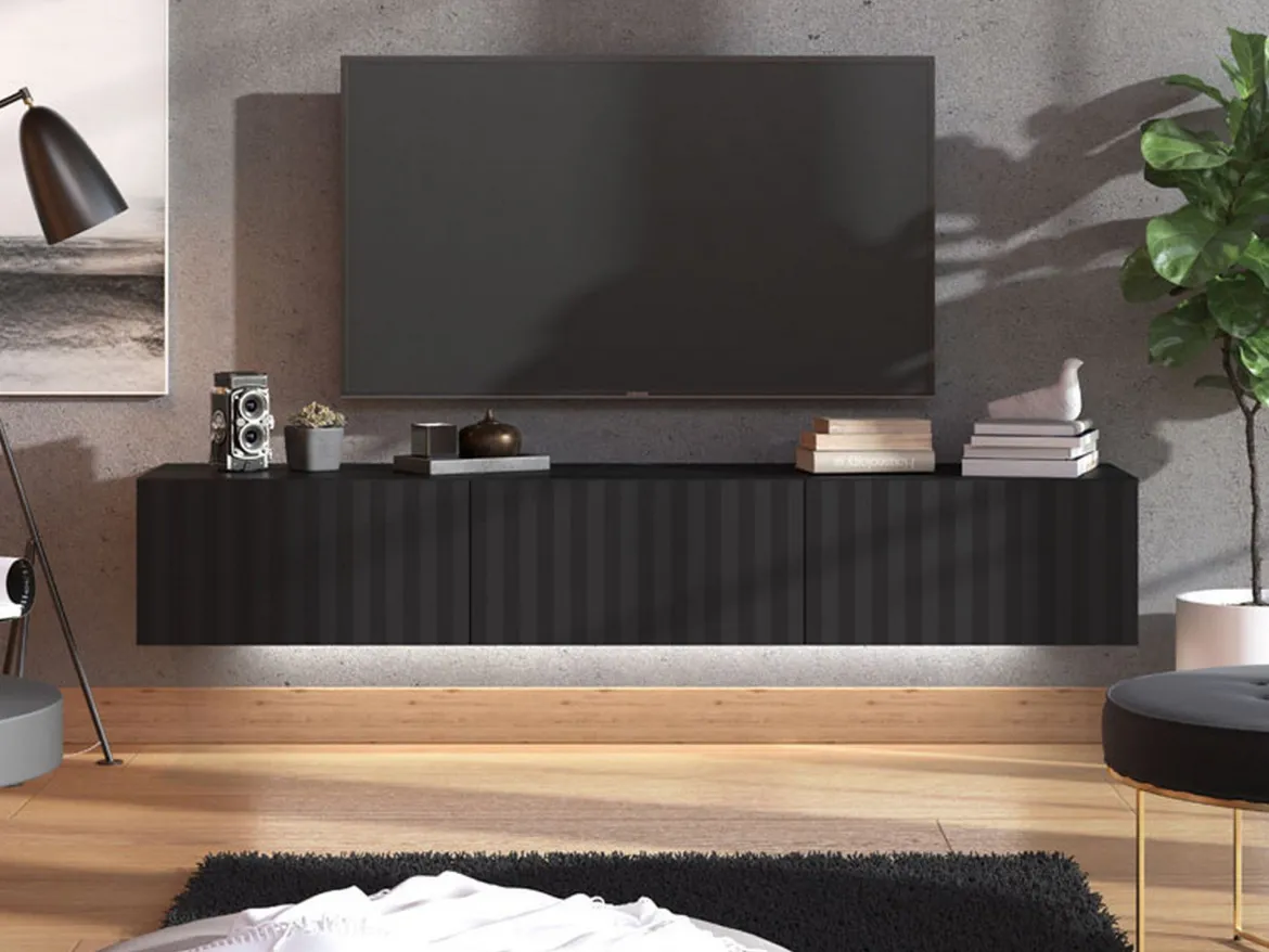 Mobile Porta tv Nero Nero Antracite un Ripiano 3 Ante 192x42x32h cm, 3 Vani - Fossa